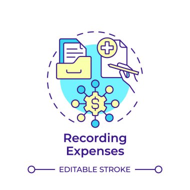 Kayıt masrafları çok renkli konsept simgesi. Harcama yönetimi, finansal verimlilik. Yuvarlak şekil çizimi. Soyut bir fikir. Grafik tasarımı. Bilgide ve sunumda kullanması kolay