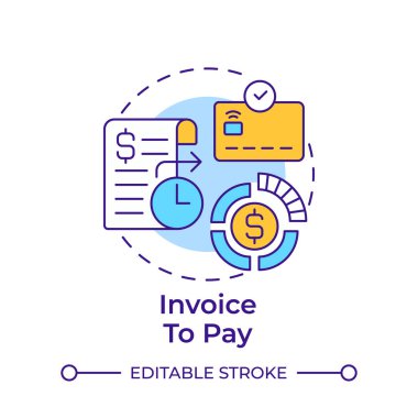 Çok renkli konsept simgesi ödemek için fatura. Masraflar, şirket harcamaları. Banka kartı. Yuvarlak şekil çizimi. Soyut bir fikir. Grafik tasarımı. Bilgide ve sunumda kullanması kolay