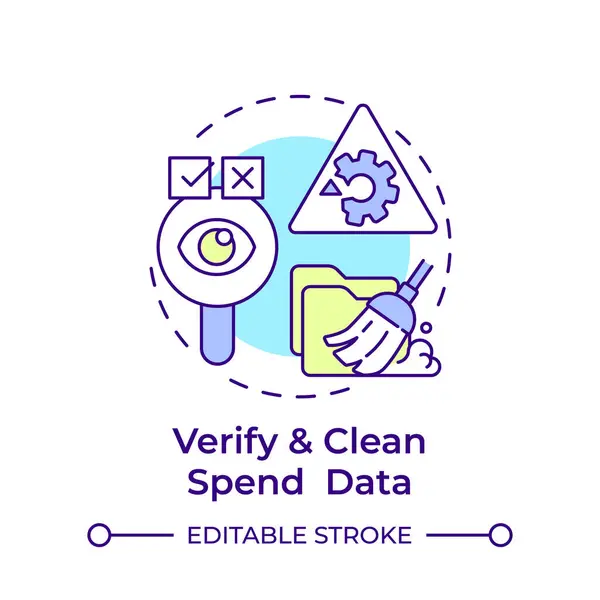 Stock vector Verify and clean spend data multi color concept icon. Document verification, financial report. Round shape line illustration. Abstract idea. Graphic design. Easy to use in infographic, presentation