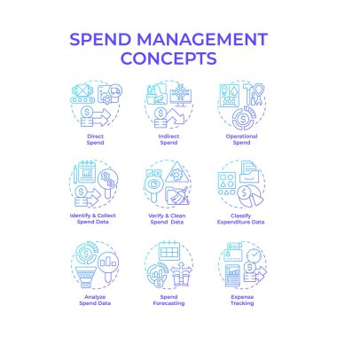 Harcama yönetimi mavi gradyan konsept simgeleri. Gider raporları, finansal büyüme. Ekonomik istikrar. Simge paketi. Vektör görüntüleri. Bilgi ve sunum için yuvarlak şekilli çizimler. Soyut fikir