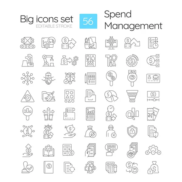 Stock vector Spend management linear icons set. Spending documentation, financial stability. Regulatory compliance. Customizable thin line symbols. Isolated vector outline illustrations. Editable stroke