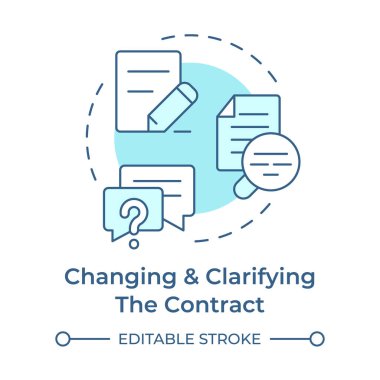 Sözleşmeyi değiştirip netleştiriyorum. Yumuşak mavi kavram simgesi. İş koşulları, anlaşma pazarlıkları. Yuvarlak şekil çizimi. Soyut bir fikir. Grafik tasarımı. Bilgide kullanması kolay