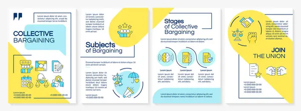 stock vector Workers union bargaining blue and yellow brochure template. Leaflet design with linear icons. Editable 4 vector layouts for presentation, annual reports. Questrial, Lato-Regular fonts used