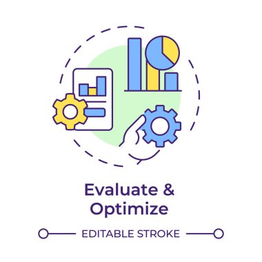 Çoklu renk konsept simgesini değerlendir ve optimize et. Üretim tablosu, pazarlama analitiği. Yuvarlak şekil çizimi. Soyut bir fikir. Grafik tasarımı. Bilgide ve sunumda kullanması kolay