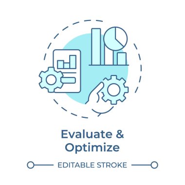 Yumuşak mavi konsept simgesini değerlendir ve optimize et. Üretim tablosu, pazarlama analitiği. Yuvarlak şekil çizimi. Soyut bir fikir. Grafik tasarımı. Bilgide ve sunumda kullanması kolay
