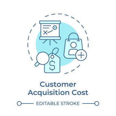 Müşteri edinme maliyeti yumuşak mavi konsept ikonu. İçerik pazarlama stratejisi. Reklam yönetimi. Yuvarlak şekil çizimi. Soyut bir fikir. Grafik tasarımı. Bilgide kullanması kolay