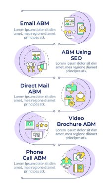 ABM metodolojisi, dikey bilgi dizisi. Seo pazarlama, reklam kişiselleştirme. 5 adımlı görselleştirme bilgi tablosu. Daireler iş akışı. Montserrat Yarı Kalın, Lato Düzenli yazı tipleri