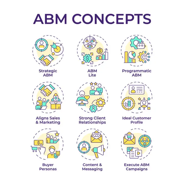 stock vector ABM multi color concept icons. Advertisement strategy, personalization. Targeted marketing. Icon pack. Vector images. Round shape illustrations for infographic, presentation. Abstract idea