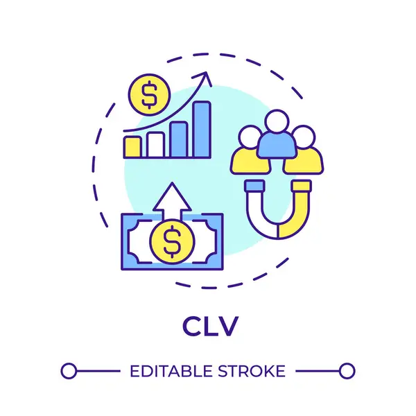 Stock vector CLV multi color concept icon. Customer value, sales statistics. Profitability metrics. Round shape line illustration. Abstract idea. Graphic design. Easy to use in infographic, presentation