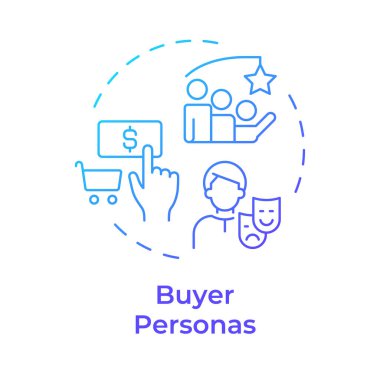 Alıcı kişilikleri mavi gradyan konsept simgesi. Tüketicileri hedef alıyor, satın alıyor. Müşteri hizmetleri. Yuvarlak şekil çizimi. Soyut bir fikir. Grafik tasarımı. Bilgide ve sunumda kullanması kolay
