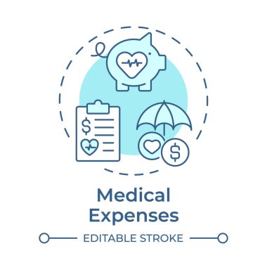 Tıbbi harcamalar, yumuşak mavi konsept ikonu. Hastalık tedavisi. Sağlık sigortası masrafları. Tedavi ücreti olarak. Yuvarlak şekil çizimi. Soyut bir fikir. Grafik tasarımı. Bilgide ve sunumda kullanması kolay