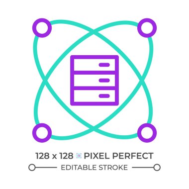 Kuantum hesaplama iki renk çizgisi simgesi. Veri sunucusu ve atom bicolor ana hat sembolü. Bilimsel veri madenciliği. Büyük veri. Duotone lineer piktogram. İzole bir illüstrasyon. Düzenlenebilir vuruş
