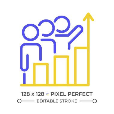 Takım çalışması geliştirme iki renk çizgisi simgesi. Takım üyeleri ve çubuk grafikleri çift renkli ana hat sembolü. Takım verimliliği. Kariyer gelişimi. Duotone lineer piktogram. İzole bir illüstrasyon. Düzenlenebilir vuruş