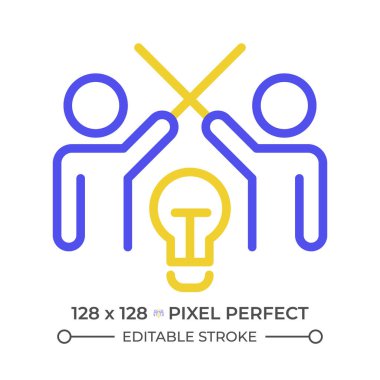 Çakışma yönetimi iki renk çizgisi simgesi. İnsanlarla dövüşmek ana hatların sembolü. Çözüm bulmak. İş çatışması ve rekabet. Duotone lineer piktogram. İzole bir illüstrasyon. Düzenlenebilir vuruş