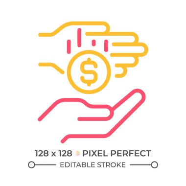 Mikro bağış iki renk çizgisi simgesi. Yardım eden eller ve iki renkli madeni para ana hatları sembolü. Bağış yap. Toplum desteği. Kitle fonlaması. Duotone lineer piktogram. İzole bir illüstrasyon. Düzenlenebilir vuruş