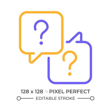 İki renk çizgisi ikonunu yanlış anlamak. Soru işaretli sohbet baloncukları çift renkli ana hat sembolü. Sorun çözme. Dijital iletişim. Duotone lineer piktogram. İzole bir illüstrasyon. Düzenlenebilir vuruş
