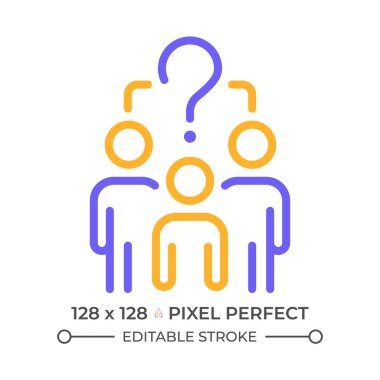 Genel soru iki renk çizgisi simgesi. Takım üyeleri ve soru işareti çift renk ana hat sembolü. Toplu iş. Sorun çözme. Duotone lineer piktogram. İzole bir illüstrasyon. Düzenlenebilir vuruş