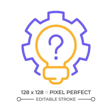 Yaratıcı soru iki renk çizgisi simgesi. Ampul, dişli ve soru işareti bicolor ana hat sembolü. Beyin fırtınası. Yenilikçi bir çözüm. Duotone lineer piktogram. İzole bir illüstrasyon. Düzenlenebilir vuruş