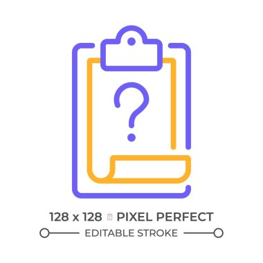 Görev sorusu iki renk çizgisi simgesi. Pano ve soru işareti çift renkli ana hat sembolü. Proje yönetimi. Sorum var. Duotone lineer piktogram. İzole bir illüstrasyon. Düzenlenebilir vuruş