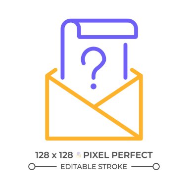 Posta sorusu iki renk çizgisi simgesi. Harf ve soru işareti çift renk ana hat sembolü. E-posta problemi çözme. İş sorusu. Duotone lineer piktogram. İzole bir illüstrasyon. Düzenlenebilir vuruş