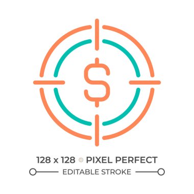 Finansal hedef iki renkli çizgi ikonu. Hedef ve dolar işareti çift renkli ana hat sembolü. Finansal planlama. İş ekonomisi. Duotone lineer piktogram. İzole bir illüstrasyon. Düzenlenebilir vuruş
