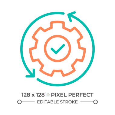 Otomasyon iki renk çizgisi simgesi. Sürekli iş akışı. Sistem optimizasyonu. Vites ve dairesel oklar çift renkli ana hat sembolü. Duotone lineer piktogram. İzole bir illüstrasyon. Düzenlenebilir vuruş