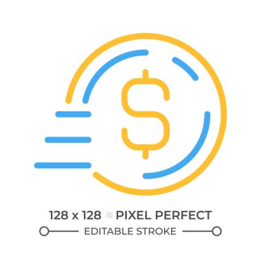 Madeni para hareket halinde iki renk çizgisi simgesi. Banka havale ödemesi. Para gönderiyorum. Dijital cüzdan işlemi çift renkli ana hat sembolü. Duotone lineer piktogram. İzole bir illüstrasyon. Düzenlenebilir vuruş