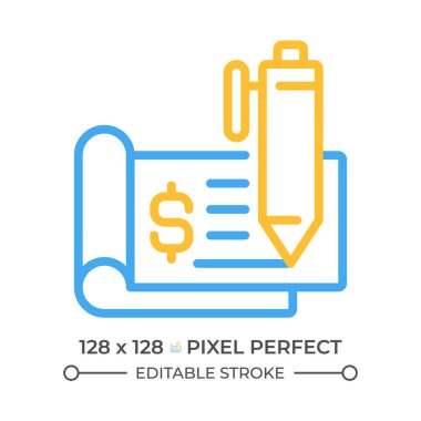 Çek defteri iki renk çizgisi simgesi. Çek yaprağı. Finansal belge. Ödeme yöntemi. Tartışılabilir iki renkli ana hat sembolü. Duotone lineer piktogram. İzole bir illüstrasyon. Düzenlenebilir vuruş