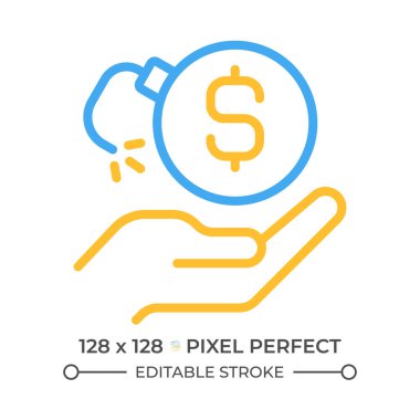 Para kaybı iki renk çizgisi simgesi. Finansal risk. İflas davası. Borçlarla uğraşmak. Bomba ve dolar işareti. Çift renkli ana hat sembolü. Duotone lineer piktogram. İzole bir illüstrasyon. Düzenlenebilir vuruş