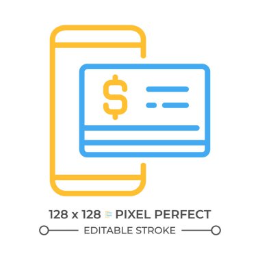 Dijital para iki renk çizgisi simgesi. Mobil bankacılık. Temassız kredi kartı. Sanal para birimi çift renkli ana hat sembolü. Duotone lineer piktogram. İzole bir illüstrasyon. Düzenlenebilir vuruş
