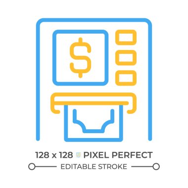 ATM iki renkli çizgi simgesi. Otomatik veznedar makinesi. Nakit çekiyorum. Finansal işlemler çift renkli ana hat sembolü. Duotone lineer piktogram. İzole bir illüstrasyon. Düzenlenebilir vuruş