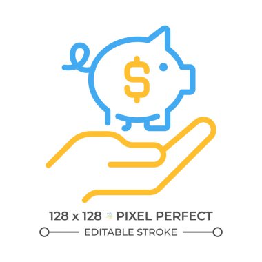 Para tasarrufu iki renk çizgisi simgesi. Bütçe yönetimi. Acil durum fonu. Emeklilik hesabı. Domuz kumbarasının iki renkli ana hatlı sembolü. Duotone lineer piktogram. İzole bir illüstrasyon. Düzenlenebilir vuruş