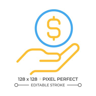 Madeni para elinde iki renkli çizgi simgesi. Para vermek. Finansal katkı. Ödünç para veriyorum. İki renkli ana hat sembolüne yardım ediyorum. Duotone lineer piktogram. İzole bir illüstrasyon. Düzenlenebilir vuruş