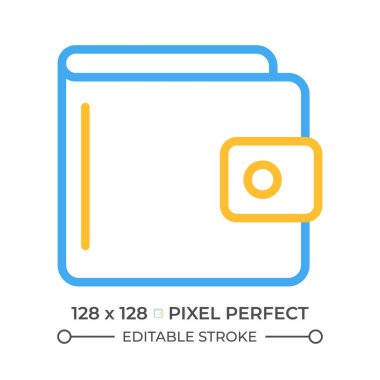 Çanta iki renk çizgisi ikonu. Para çantası. Geleneksel cüzdan. Nakit ve bozuk para taşıyın. Güvenli depolama çift renkli ana hat sembolü. Duotone lineer piktogram. İzole bir illüstrasyon. Düzenlenebilir vuruş