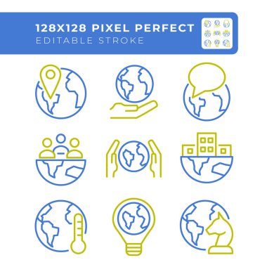 Küresel başlıklar iki renk çizgisi simgesi belirlendi. Küresel ısınma Küreselleşme. Uluslararası politika. Nüfus çift renkli ana hat simgesi izole edildi. Duotone piktogramlar ince doğrusal. Düzenlenebilir vuruş