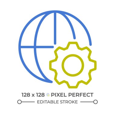 Küreselleşme süreci iki renk çizgisi simgesi. Uluslararası ekonomi entegrasyonu. Dünya çapındaki iş ilişkileri çift renkli ana hat sembolü. Duotone lineer piktogram. İzole bir illüstrasyon. Düzenlenebilir vuruş