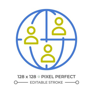 Küresel nüfus iki renk çizgisi simgesi. Uluslararası ilişkiler. İnsan toplulukları. Dünya çapında bağlantı çift renkli ana hat sembolü. Duotone lineer piktogram. İzole bir illüstrasyon. Düzenlenebilir vuruş