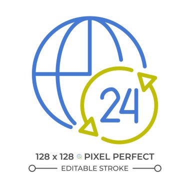 Dünya çapında kesintisiz destek servisi iki renk çizgisi simgesi. Uluslararası yardım. Sabit çevrimiçi müşteri yardımı bicolor özet sembolü. Duotone lineer piktogram. İzole bir illüstrasyon. Düzenlenebilir vuruş