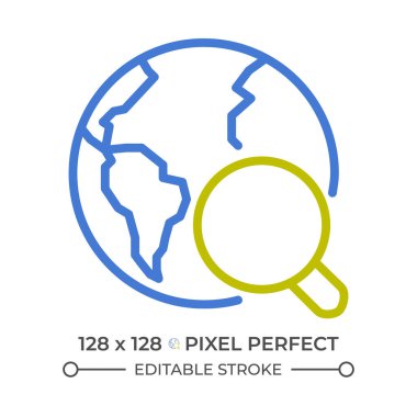 Genel arama iki renk çizgisi simgesi. Dünya 'yı keşfediyorum. Bilgi bul. İnternet taraması. Veri analizi çift renkli ana hat sembolü. Duotone lineer piktogram. İzole bir illüstrasyon. Düzenlenebilir vuruş
