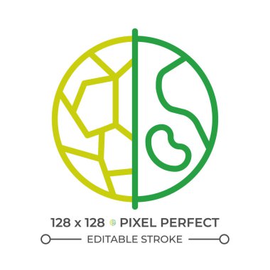 Çevresel bozulma iki renk çizgisi simgesi. Küresel çift renkli ana hat sembolü. Çorak topraklar. Çevresel koruma. İklim değişikliği. Duotone lineer piktogram. İzole bir illüstrasyon. Düzenlenebilir vuruş