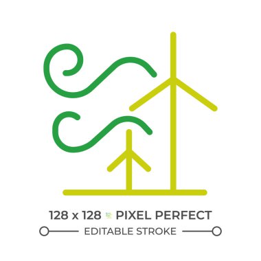 Rüzgar enerjisi iki renk çizgisi simgesi. Yel değirmenleri çift renkli ana hat sembolü. Rüzgar santrali. Yenilenebilir kaynaklar. Alternatif enerji. Duotone lineer piktogram. İzole bir illüstrasyon. Düzenlenebilir vuruş