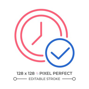 Renk çizgisi simgesini işaretleyen saat. Randevu saati onaylanıyor. Kene birenk ana hat sembollü dijital saat. Duotone lineer piktogram. İzole bir illüstrasyon. Düzenlenebilir vuruş
