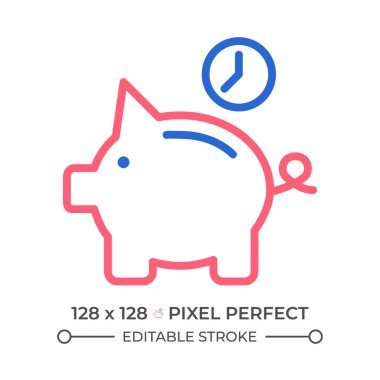 Gelecek iki renk simgesi için para biriktir. Emeklilik birikimi. Finansal planlama. Saat iki renk çizgili kumbarası. Duotone lineer piktogram. İzole bir illüstrasyon. Düzenlenebilir vuruş