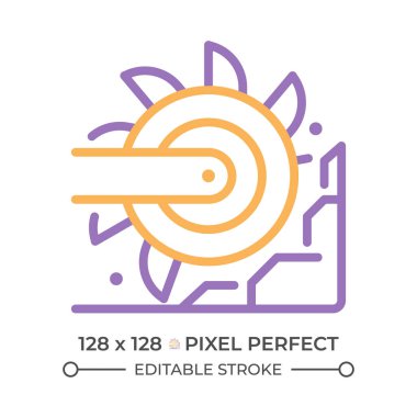 Kova tekerleği kazıcı iki renk çizgisi simgesi. Büyük, ağır ekipman makinesi. Kömür madenciliği endüstrisi. Motorlu taşıtlar çift renkli ana hat sembolü. Duotone lineer piktogram. İzole bir illüstrasyon. Düzenlenebilir vuruş