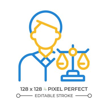 Avukat iki renkli çizgi ikonu. Mahkemede müvekkil haklarını koruyan avukat. Hukuki yargı yönetmeliği iki renk ana hatları sembolü. Duotone lineer piktogram. İzole bir illüstrasyon. Düzenlenebilir vuruş