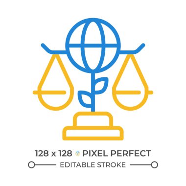 Çevre hukuku iki renk çizgisi simgesi. Doğal ekosistemleri yasal kurallarla korumak. Küresel düzenleme çift renkli ana hat sembolü. Duotone lineer piktogram. İzole bir illüstrasyon. Düzenlenebilir vuruş