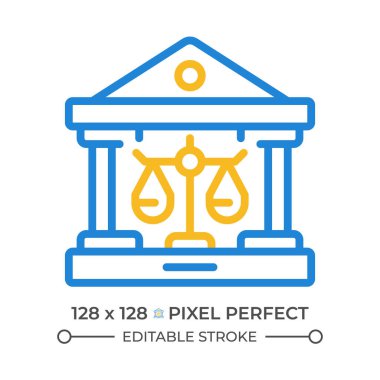 Mahkeme iki renk çizgisi simgesi. Hukuki kararlar için devlet hizmeti. Mahkeme binasındaki yargılama süreçleri iki renk ana hatları sembolü. Duotone lineer piktogram. İzole bir illüstrasyon. Düzenlenebilir vuruş