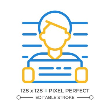 İki renk çizgisi ikonu olduğundan şüpheleniliyor. Suçlunun tutuklanması. Hukuk yasalarıyla ilgili soruşturma. Yargılama iki renkli ana hat sembolü. Duotone lineer piktogram. İzole bir illüstrasyon. Düzenlenebilir vuruş