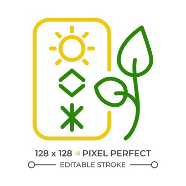 İklim koşulları iki renk çizgisi simgesini izliyor. Akıllı çiftçilik. Hava takibi. Çifte tarım sembolünde IOT. Duotone lineer piktogram. İzole bir illüstrasyon. Düzenlenebilir vuruş