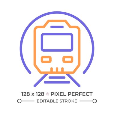 Metro treni iki renkli çizgi ikonu. Metro istasyonu. Yeraltı ulaşımı. Tünel demiryolu. Banliyö demiryolu sistemi çift renkli ana hat sembolü. Duotone lineer piktogram. İzole bir illüstrasyon. Düzenlenebilir vuruş